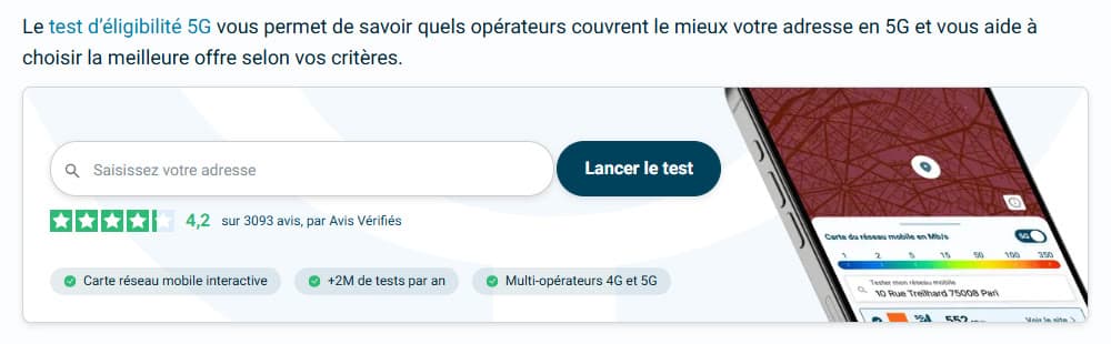Network test block inside the ZoneADSL mobile plan comparator