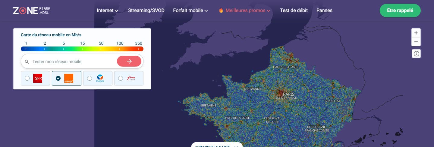 ZoneADSL mobile network map of France, Orange layer, with the speed legend and the address search box